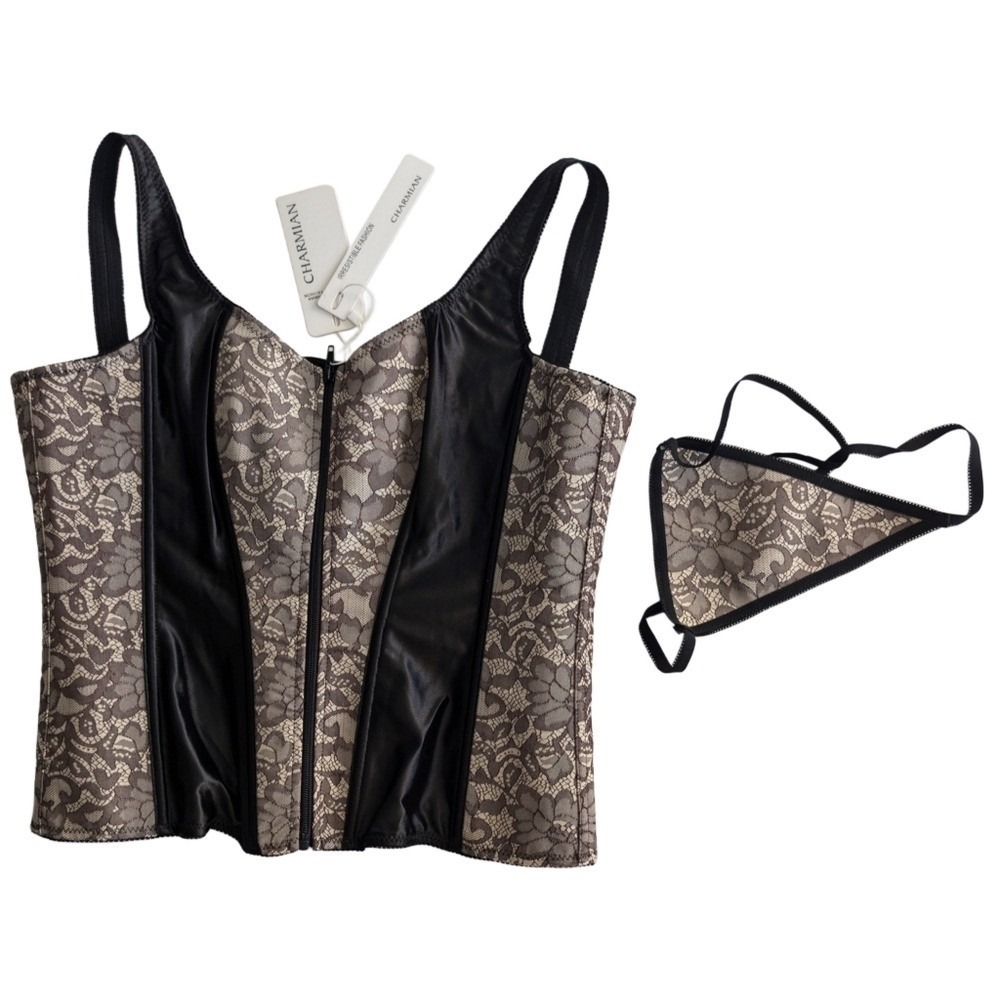 Charmian New Cream & Black‎ Lace up Corset w/ matching Panties
